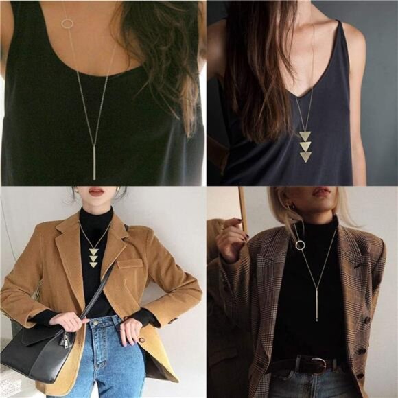 Women 6 PCS Long Pendant Necklace for Women Gold Bar Circle Leaf Triangle Set - Picture 3 of 6